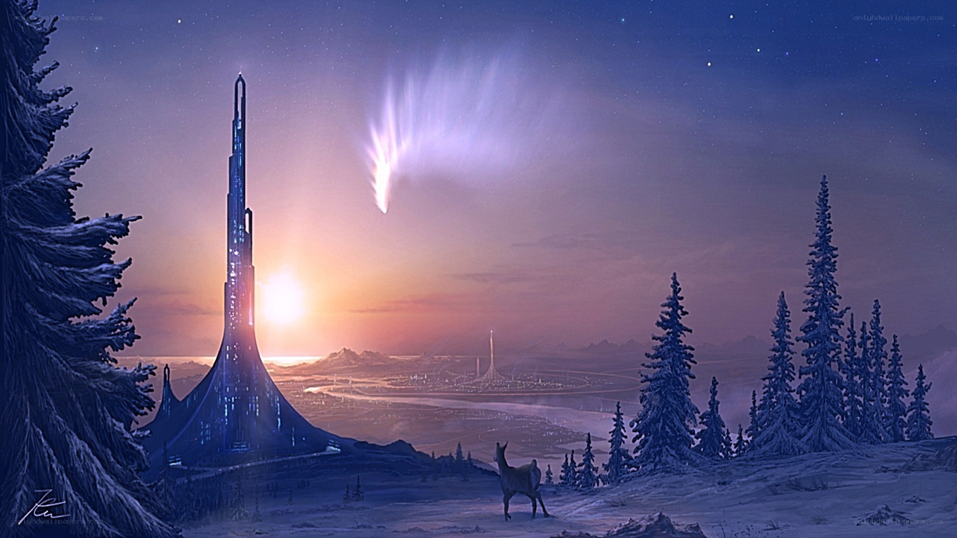 Futuristic city at sunset