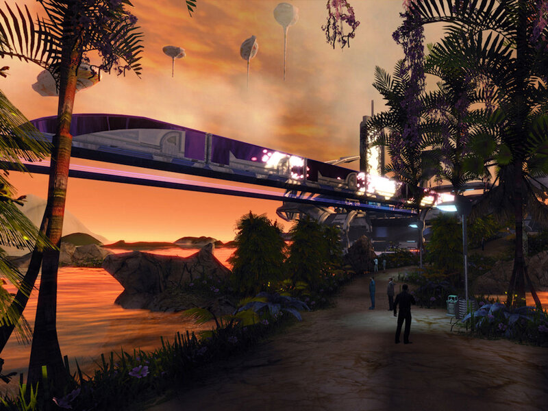 futuristic city at sunset