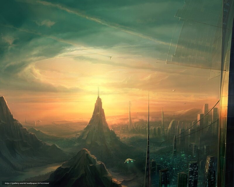 futuristic city at sunset