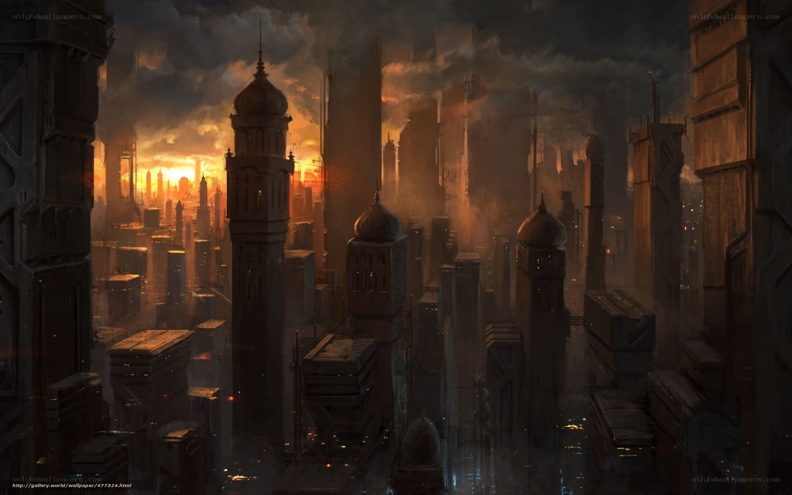 futuristic city at sunset