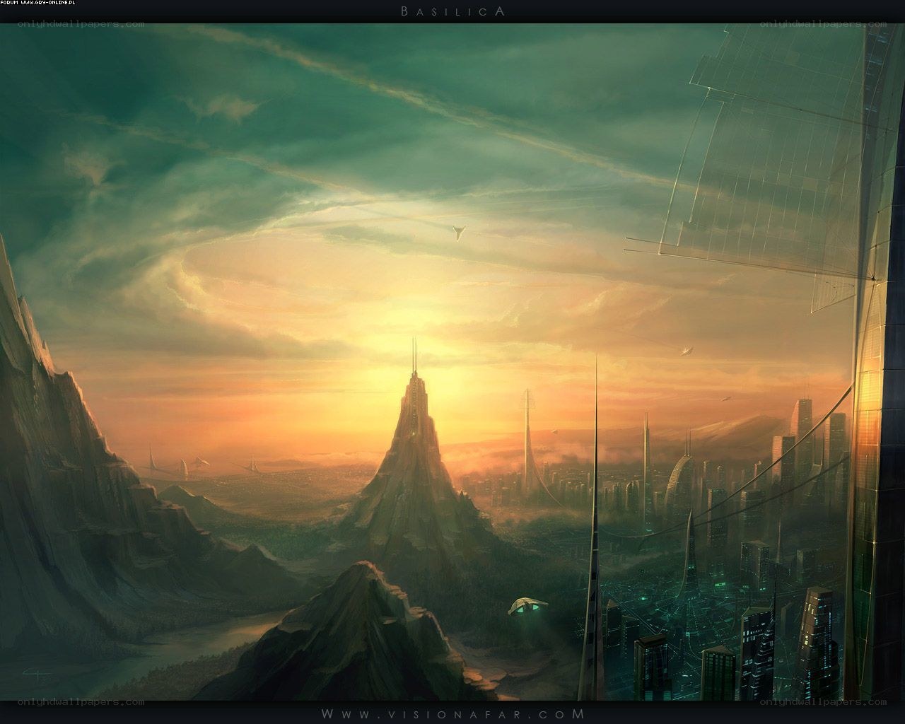 futuristic city at sunset