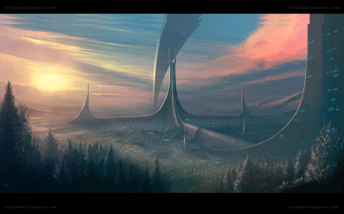 futuristic city at sunset