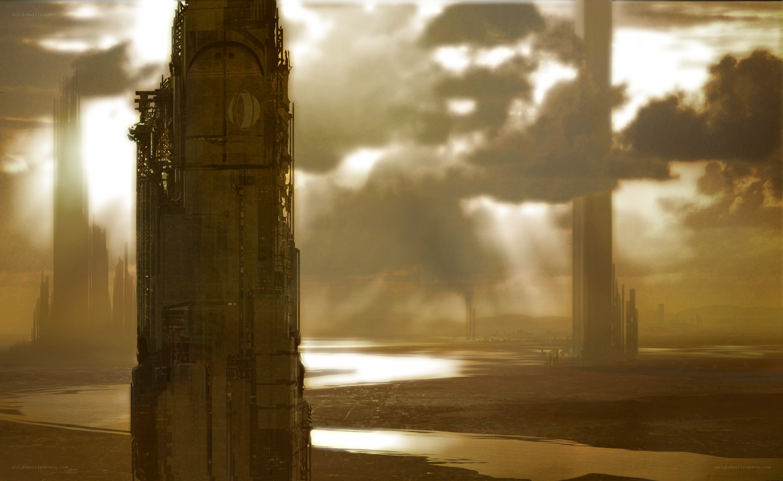 Futuristic city at sunset