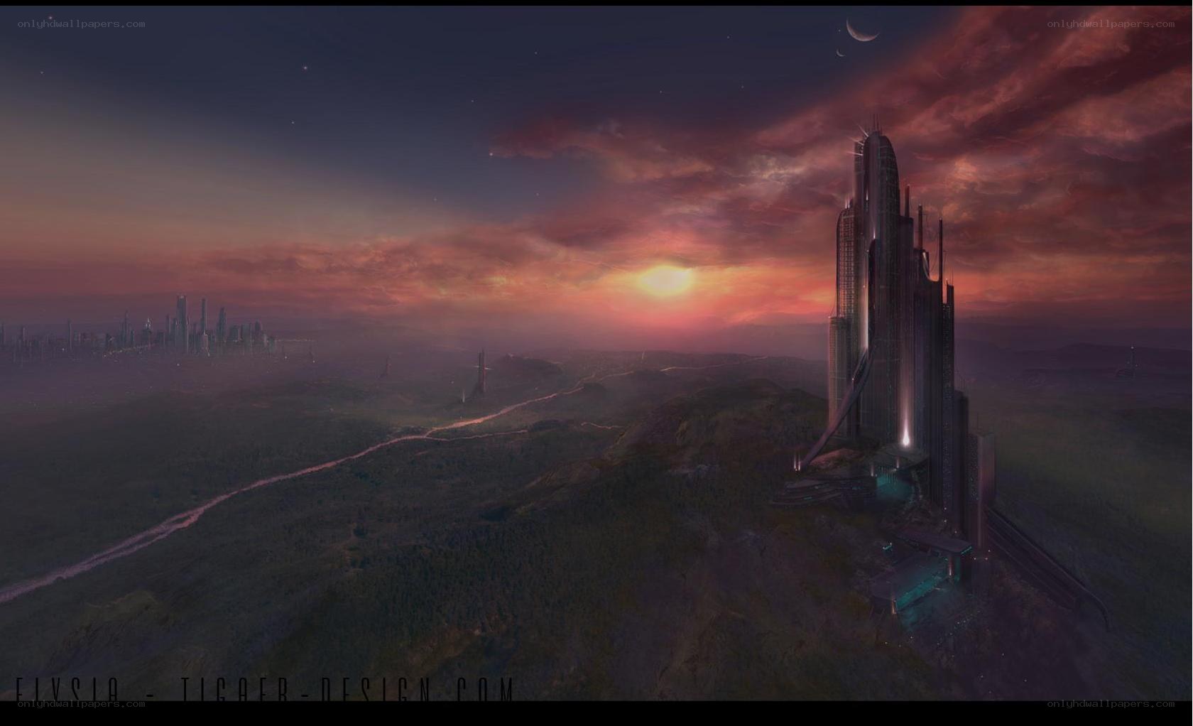 futuristic city at sunset