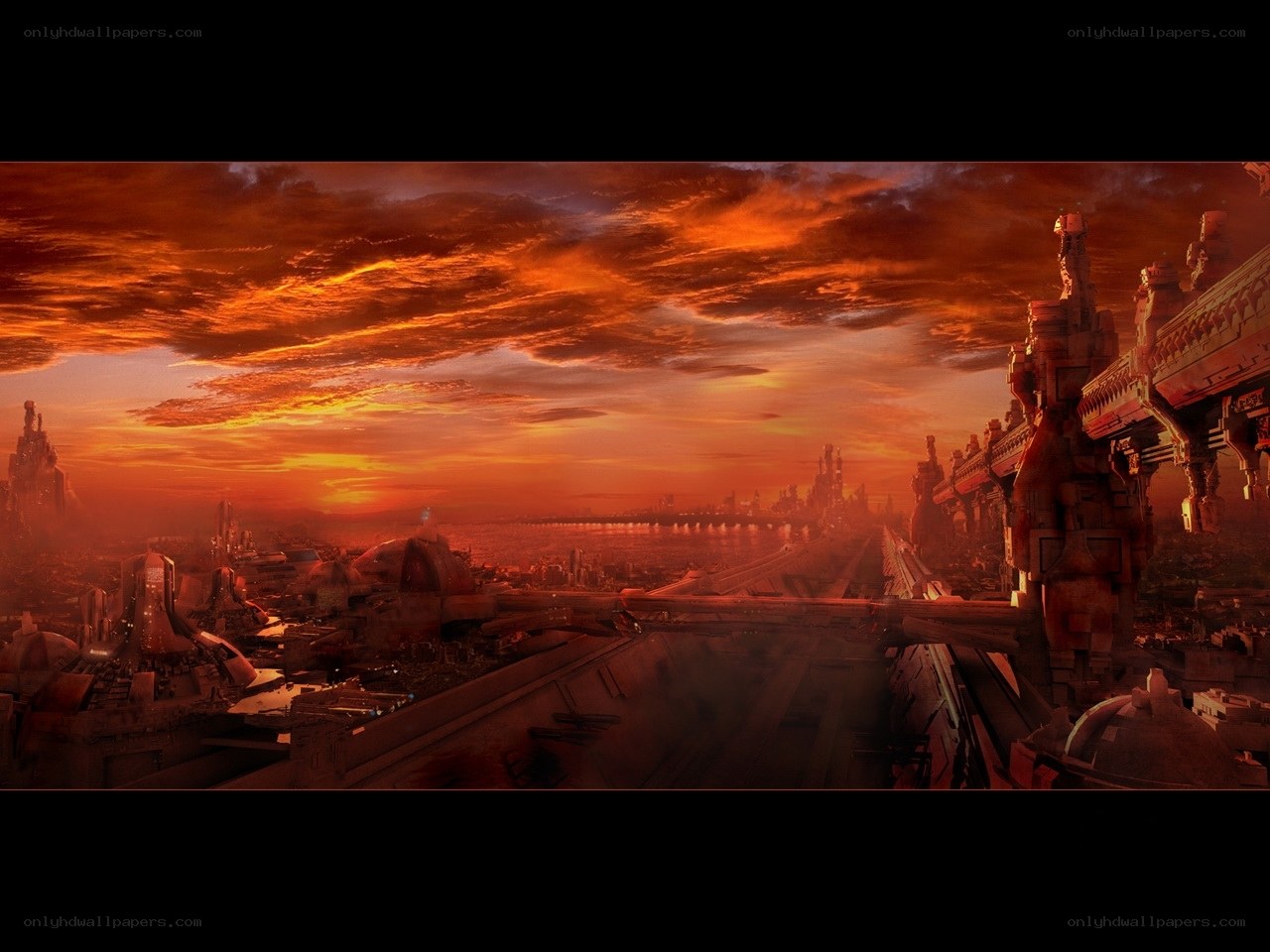 futuristic city at sunset