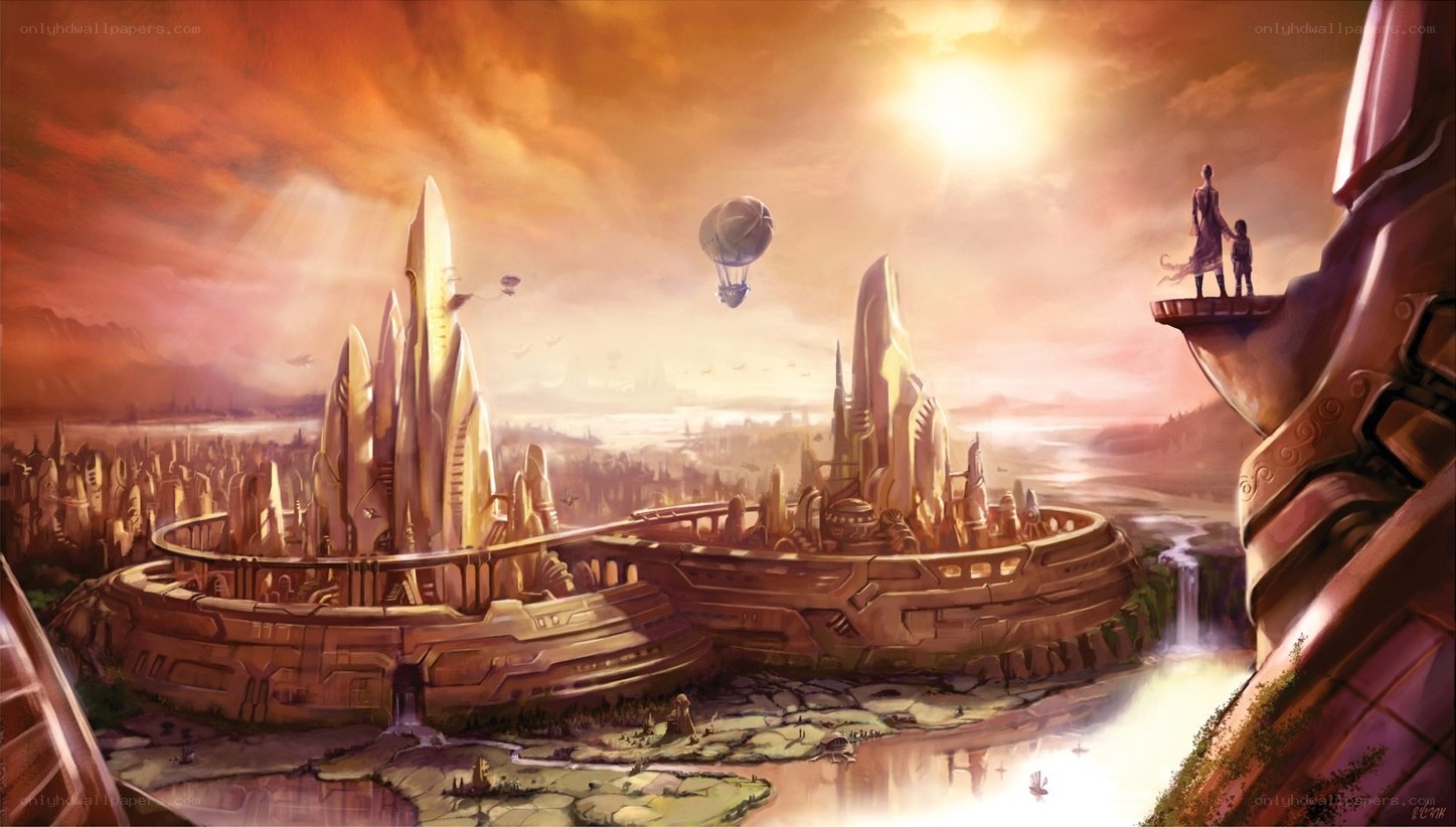 futuristic city at sunset