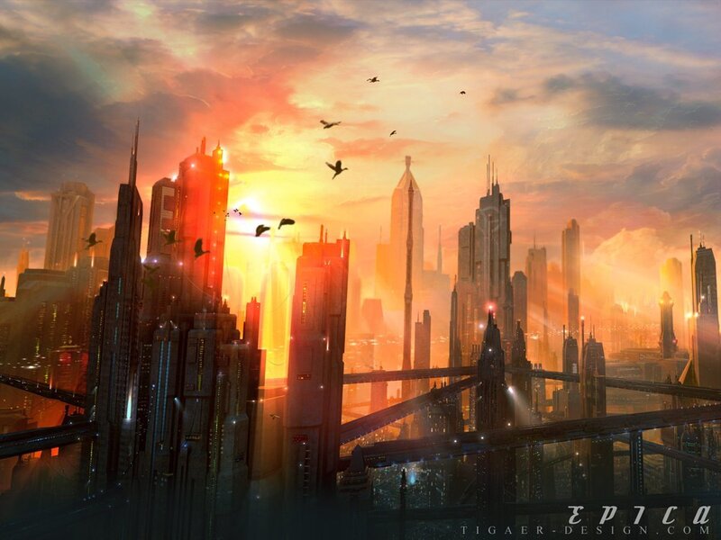 futuristic city at sunset