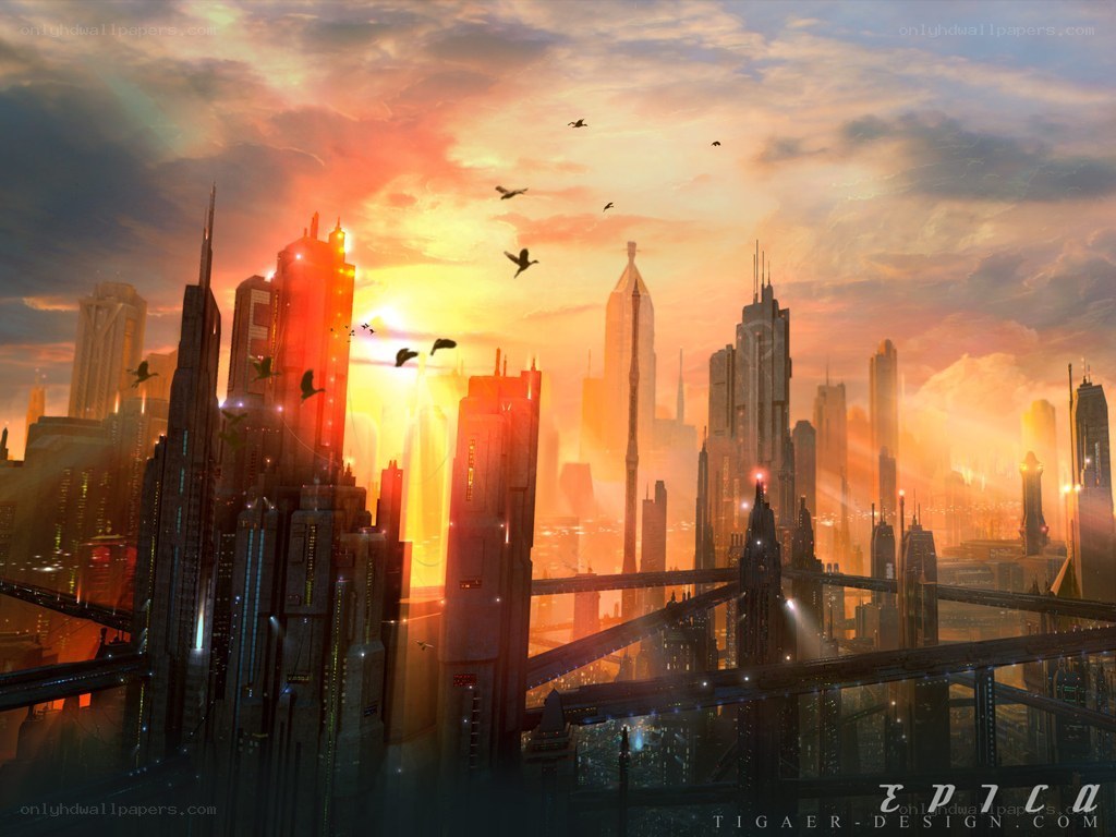 futuristic city at sunset