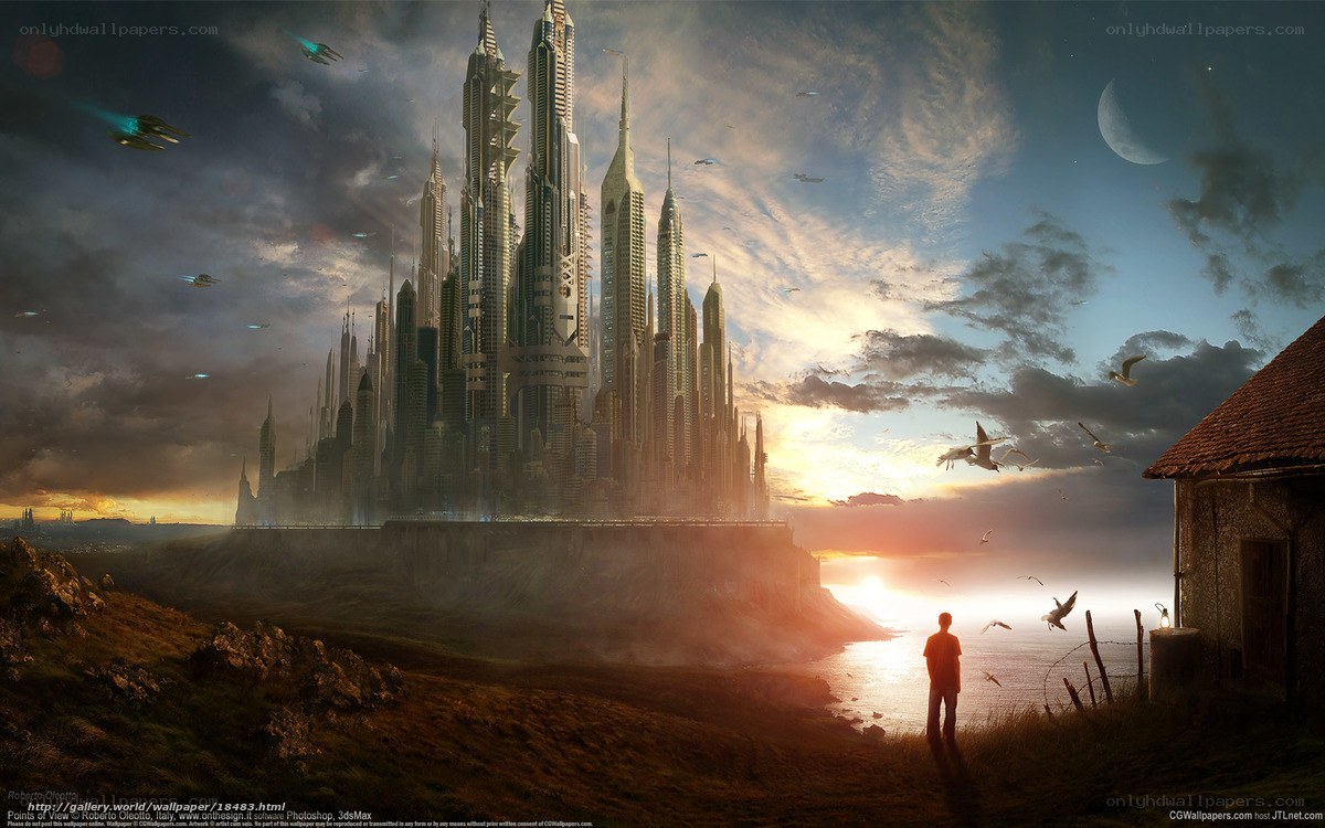 futuristic city at sunset
