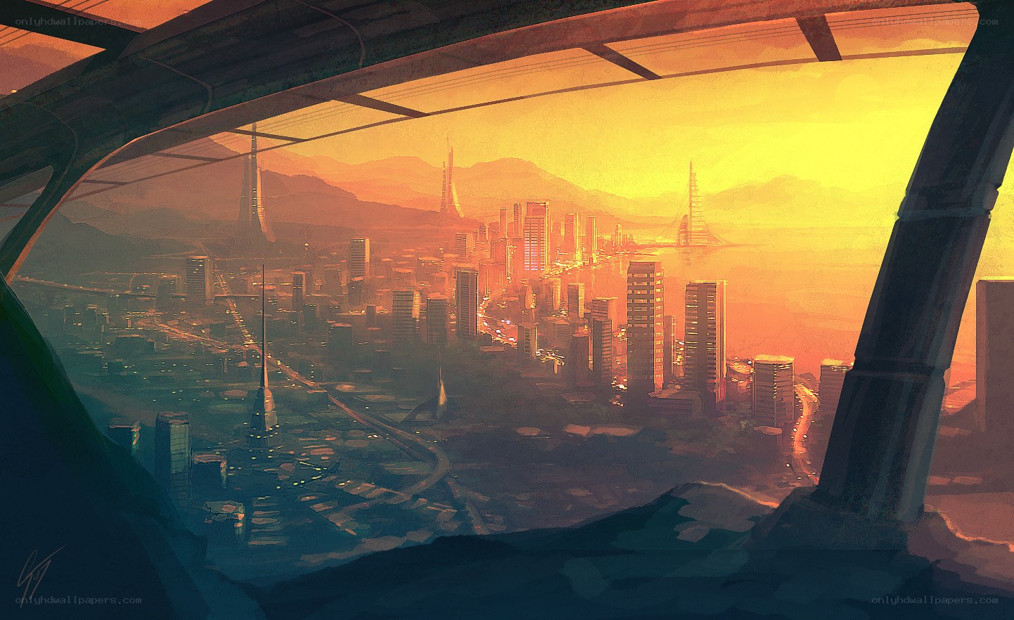 futuristic city at sunset