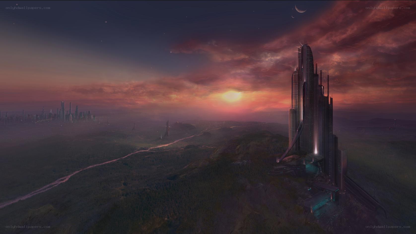 futuristic city at sunset