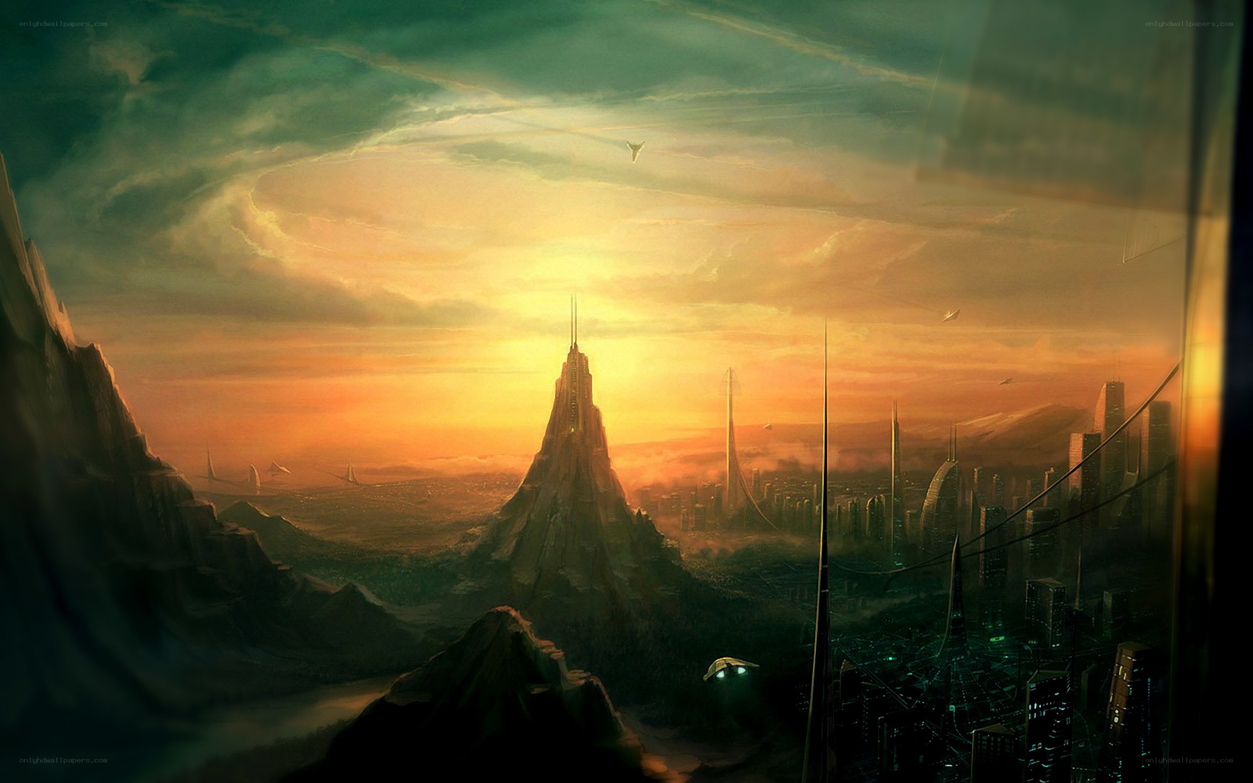 futuristic city at sunset