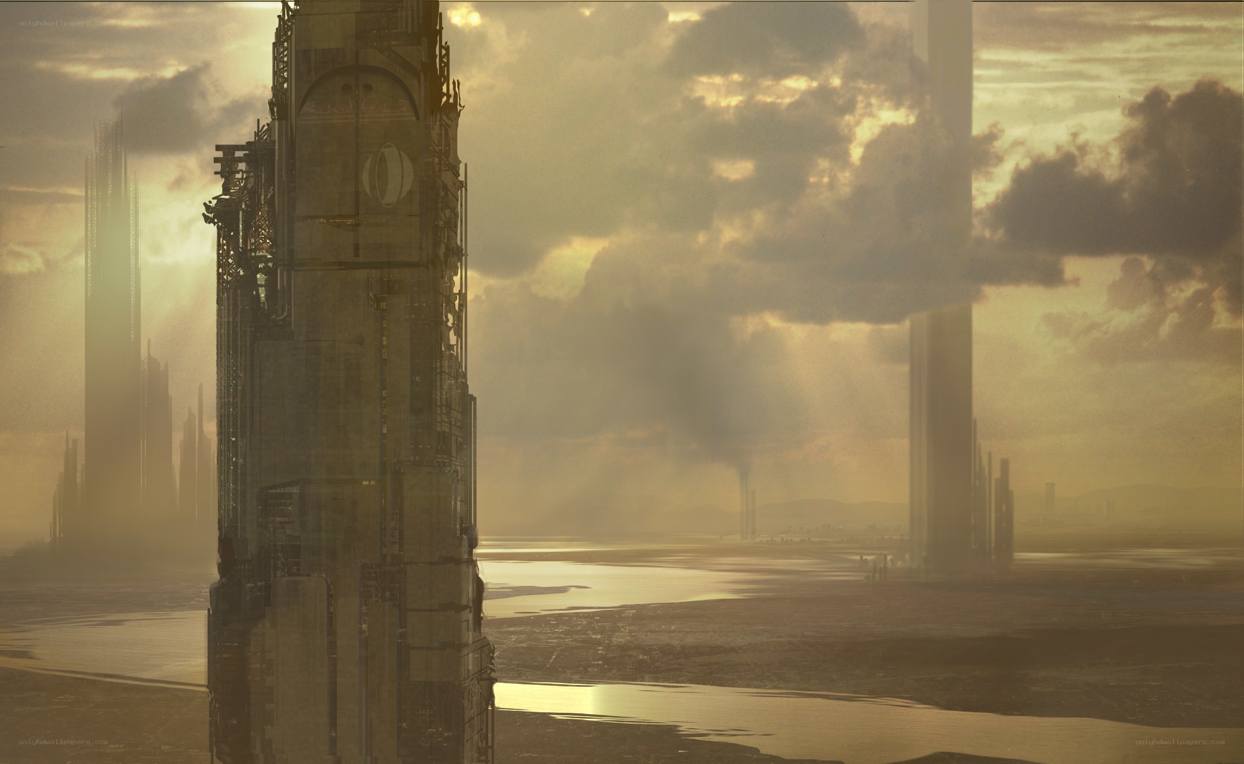 futuristic city at sunset