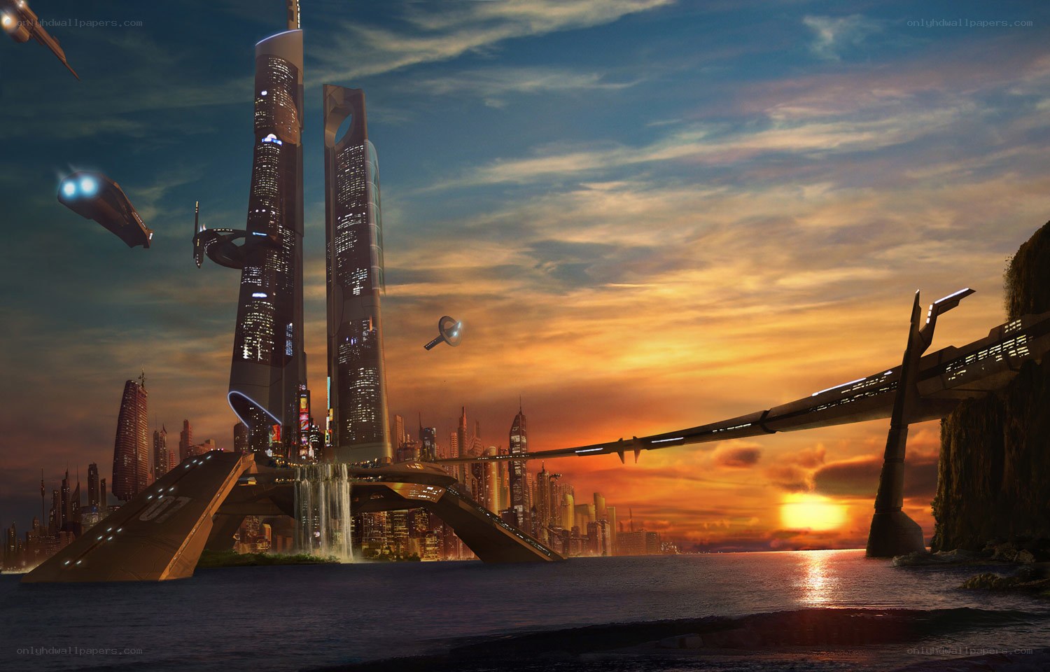 futuristic city at sunset