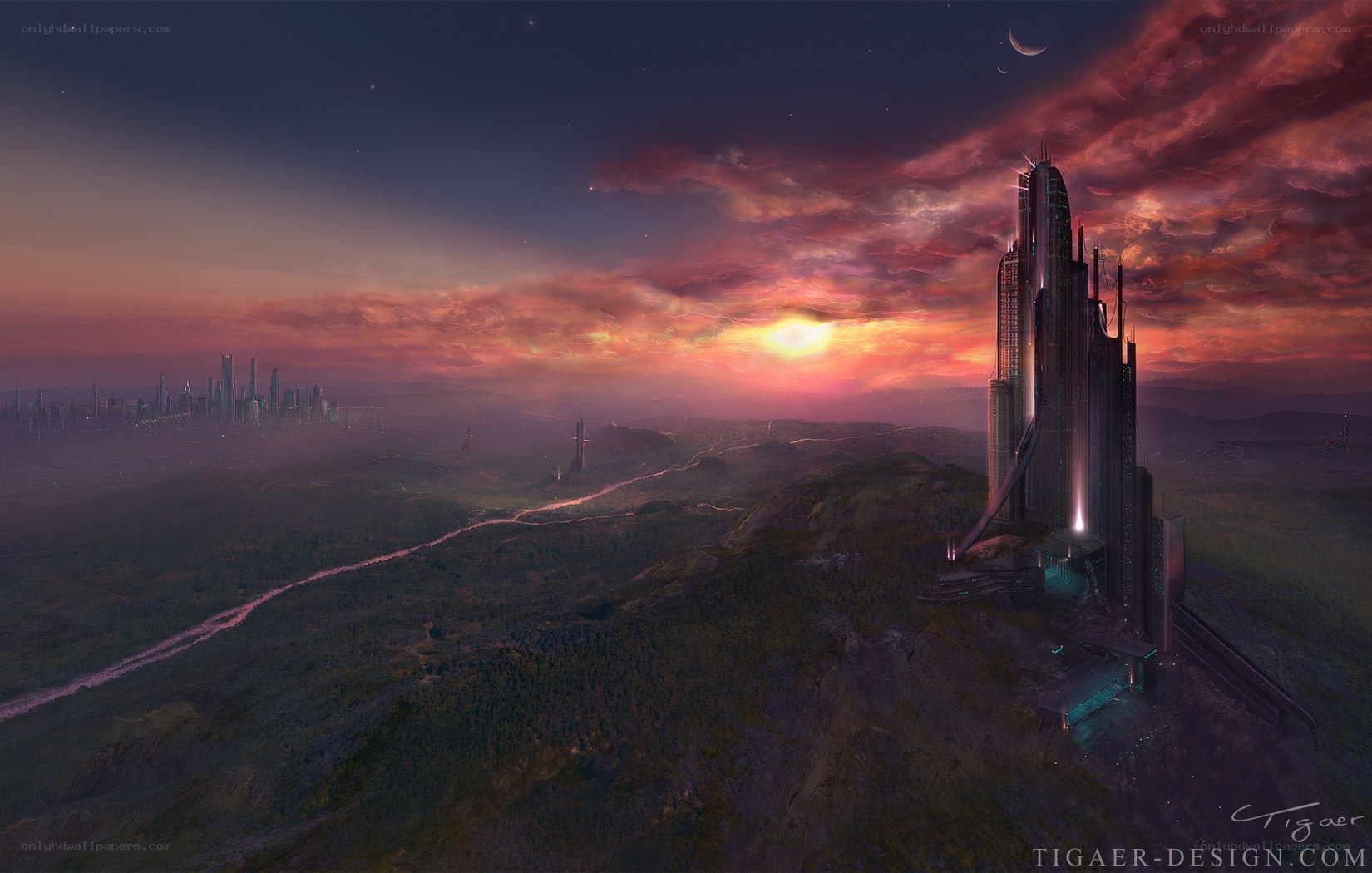Futuristic city at sunset