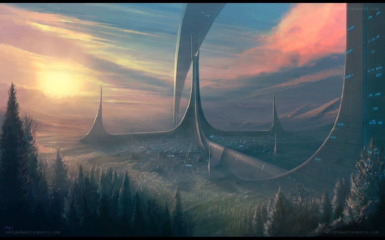 futuristic city at sunset