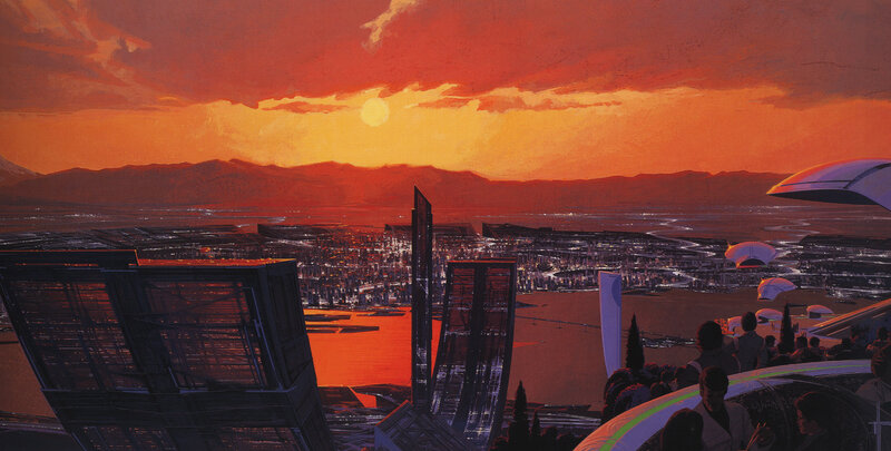 Futuristic city at sunset