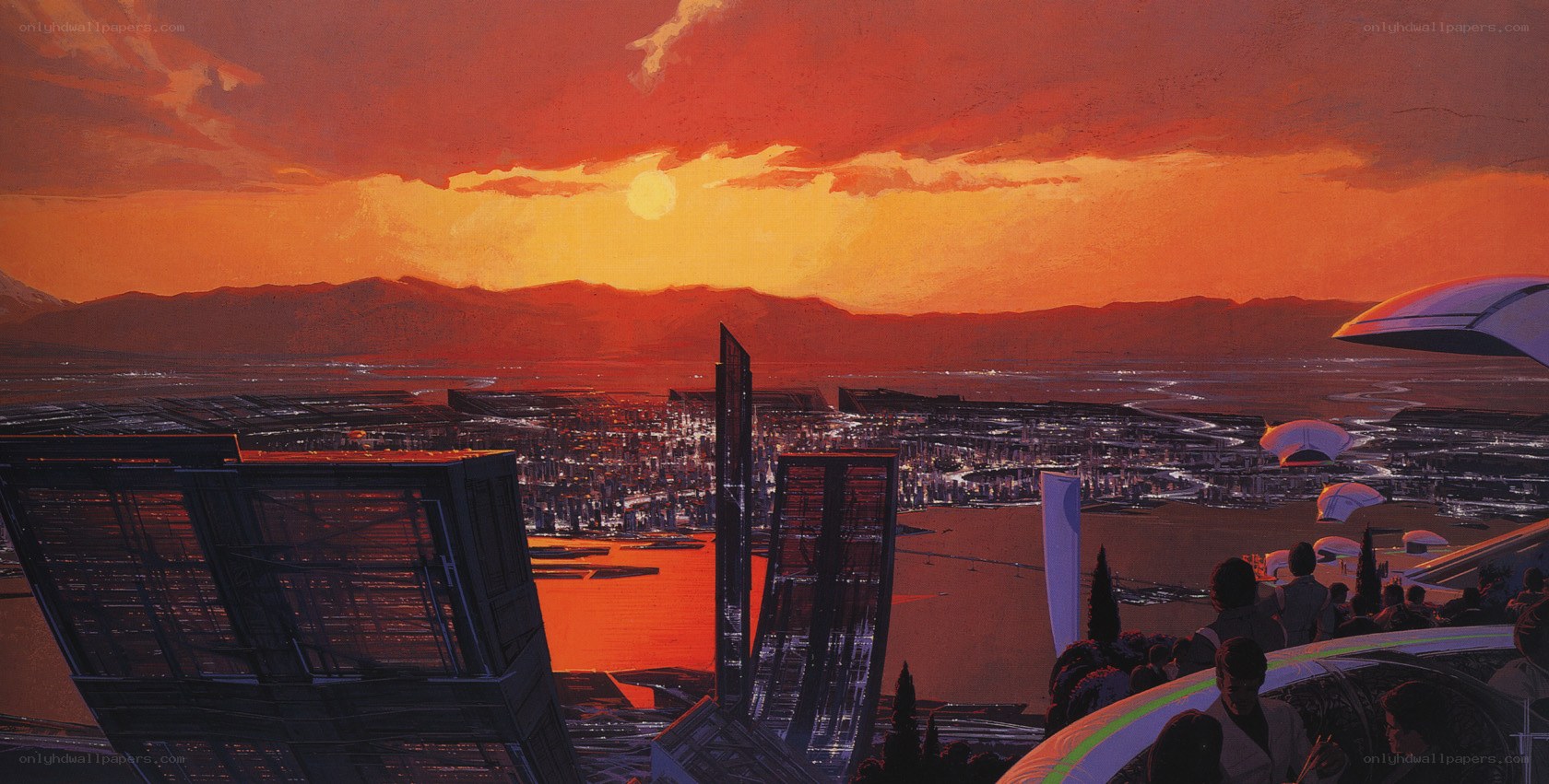 Futuristic city at sunset