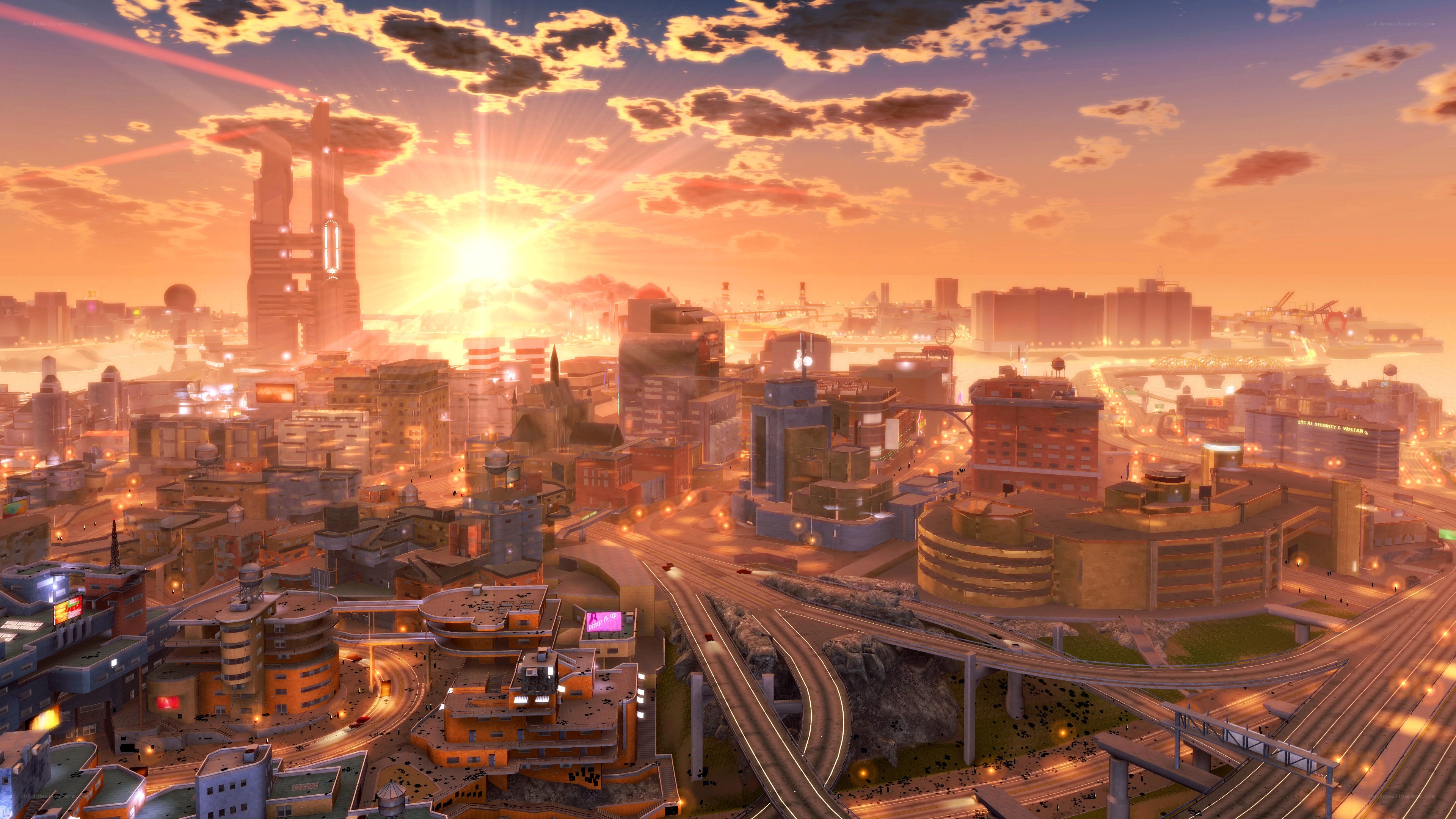 futuristic city at sunset