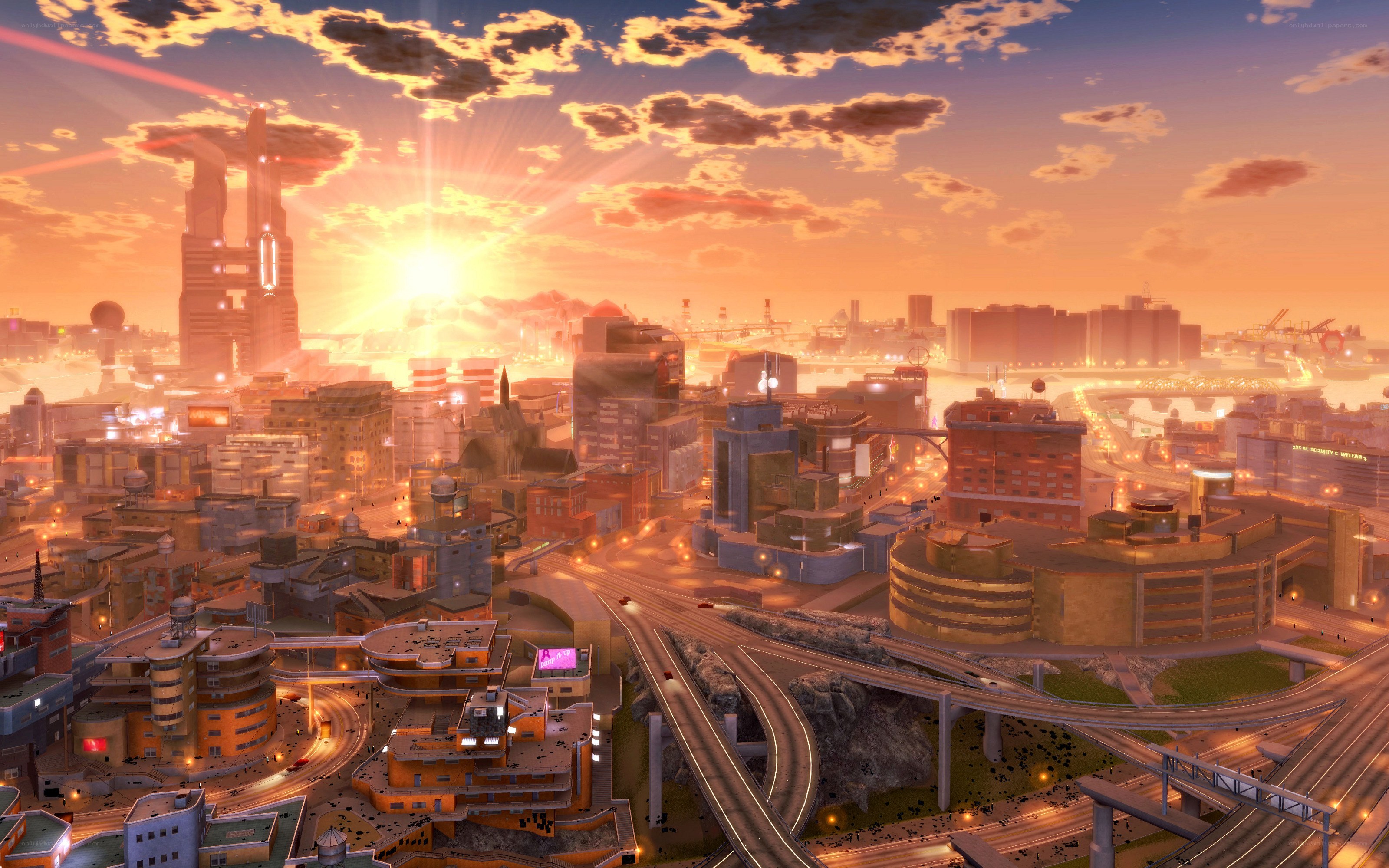 futuristic city at sunset