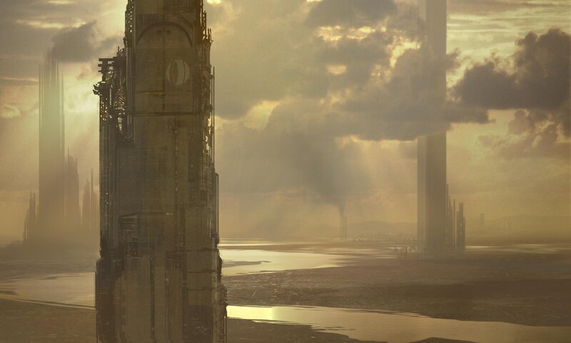 futuristic city at sunset
