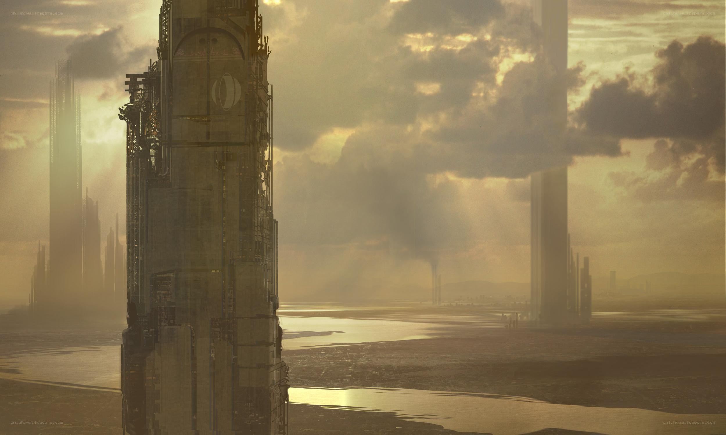 futuristic city at sunset