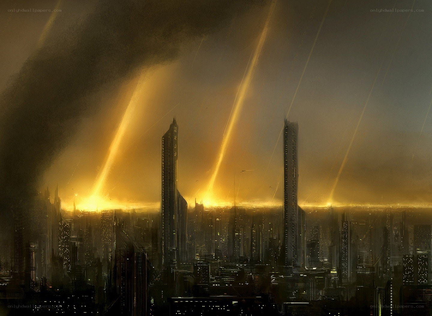 Futuristic city at sunset