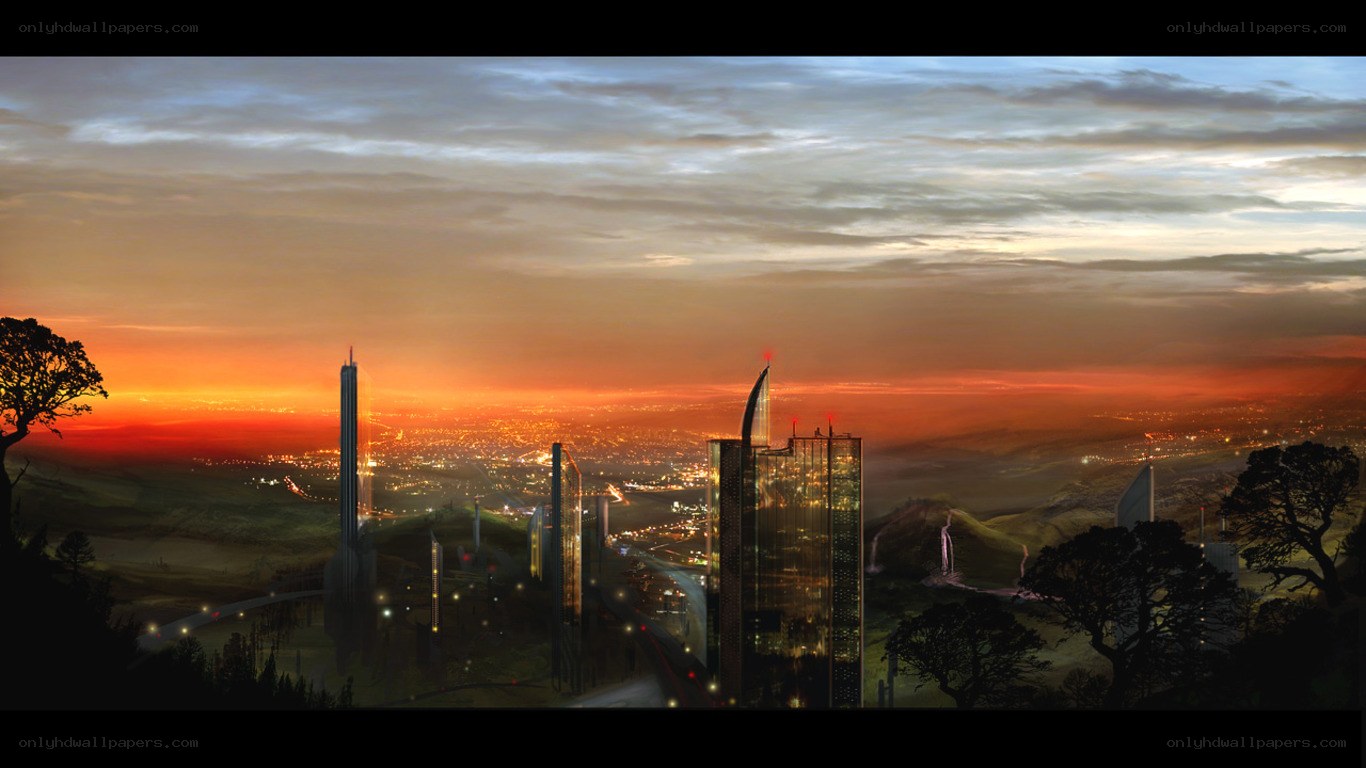 futuristic city at sunset