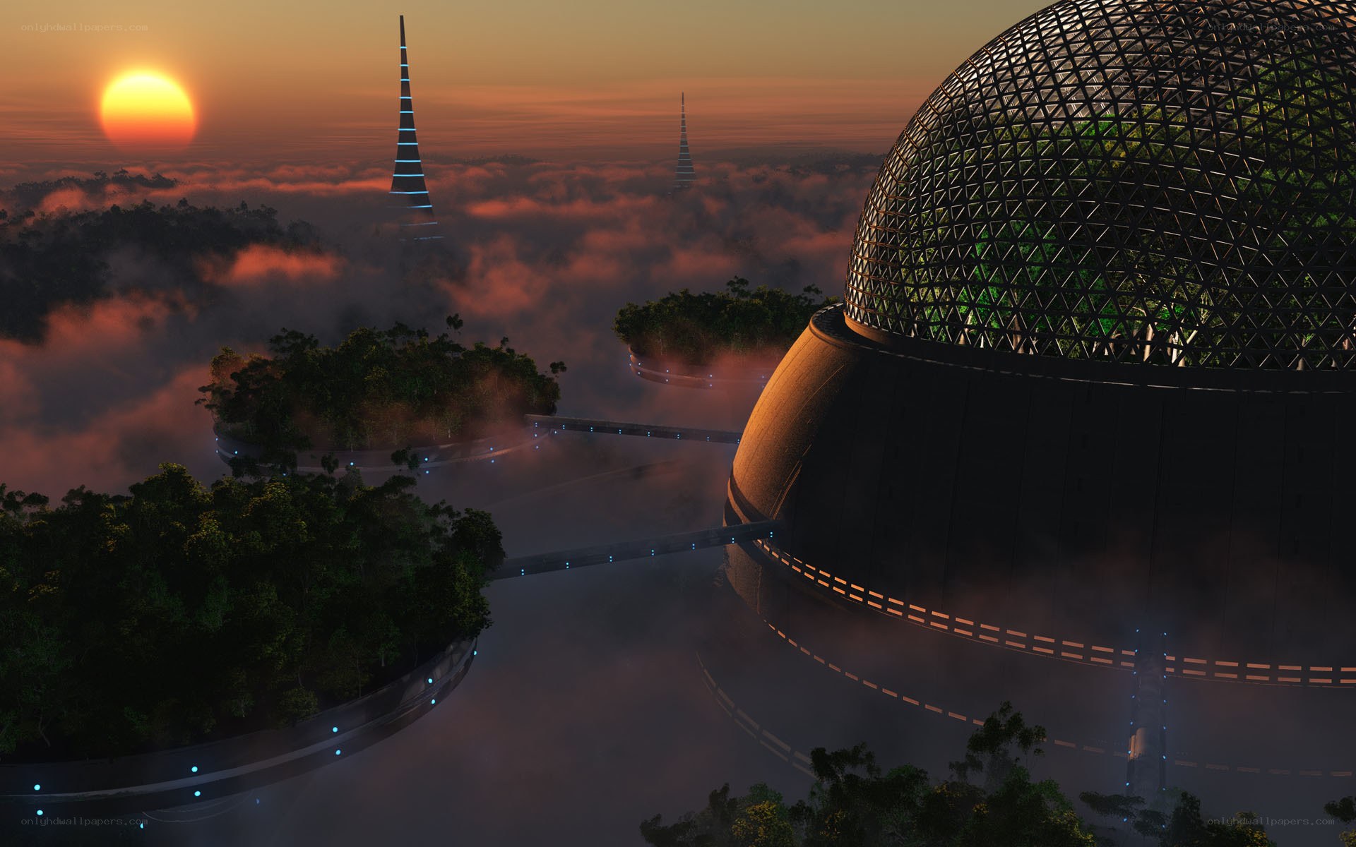 futuristic city at sunset