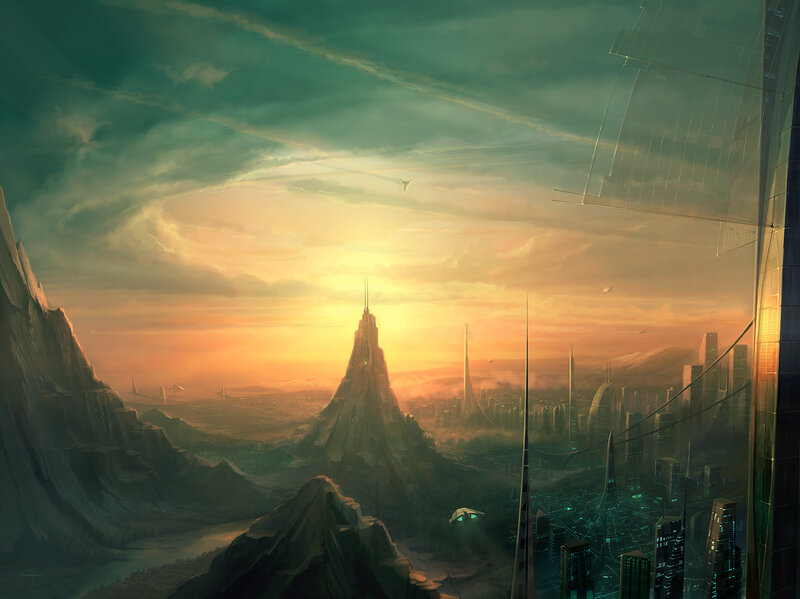 futuristic city at sunset