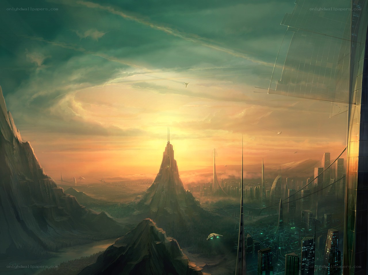 futuristic city at sunset