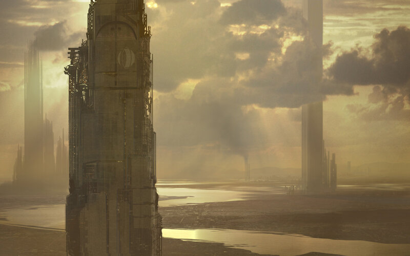 futuristic city at sunset