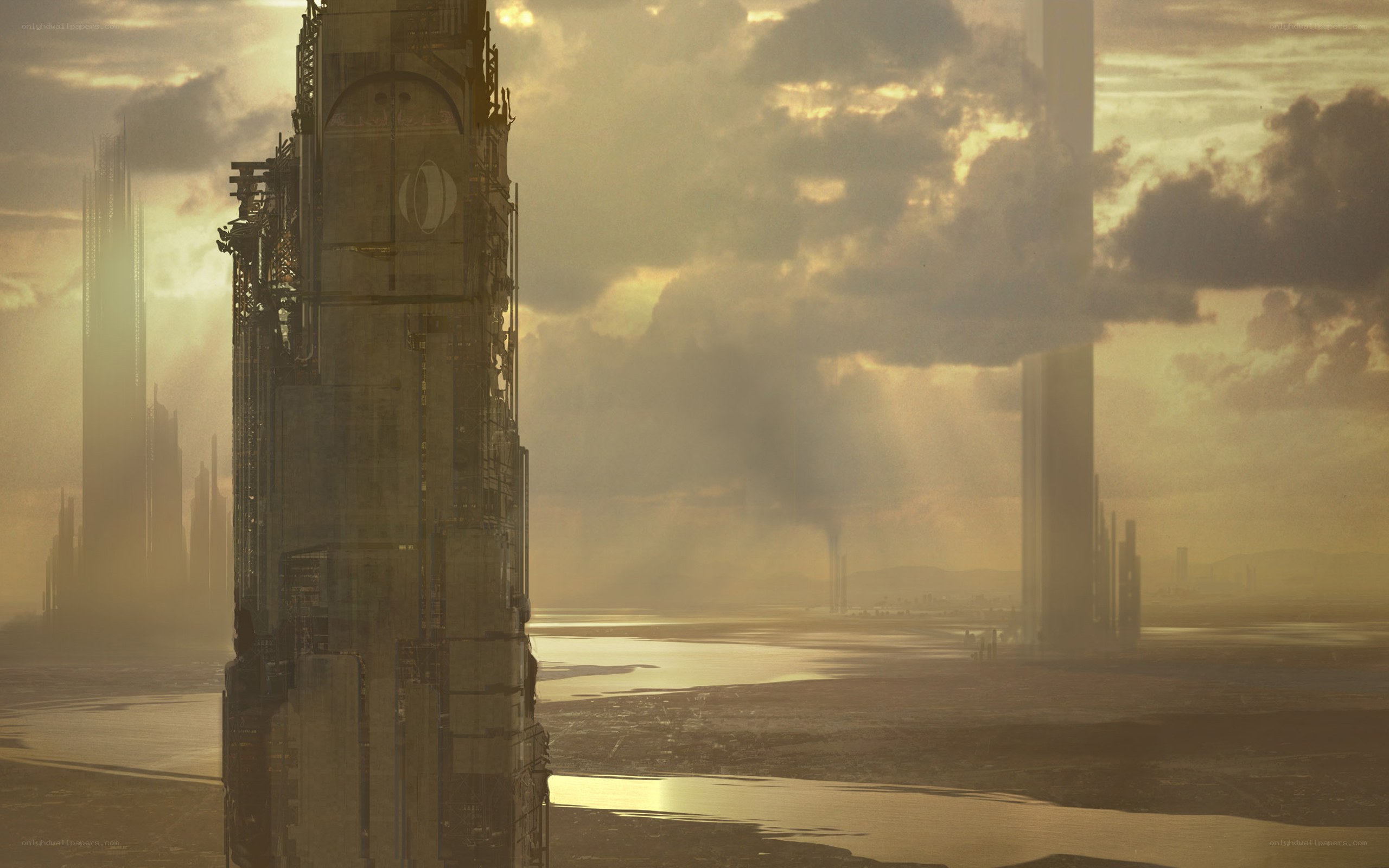 futuristic city at sunset