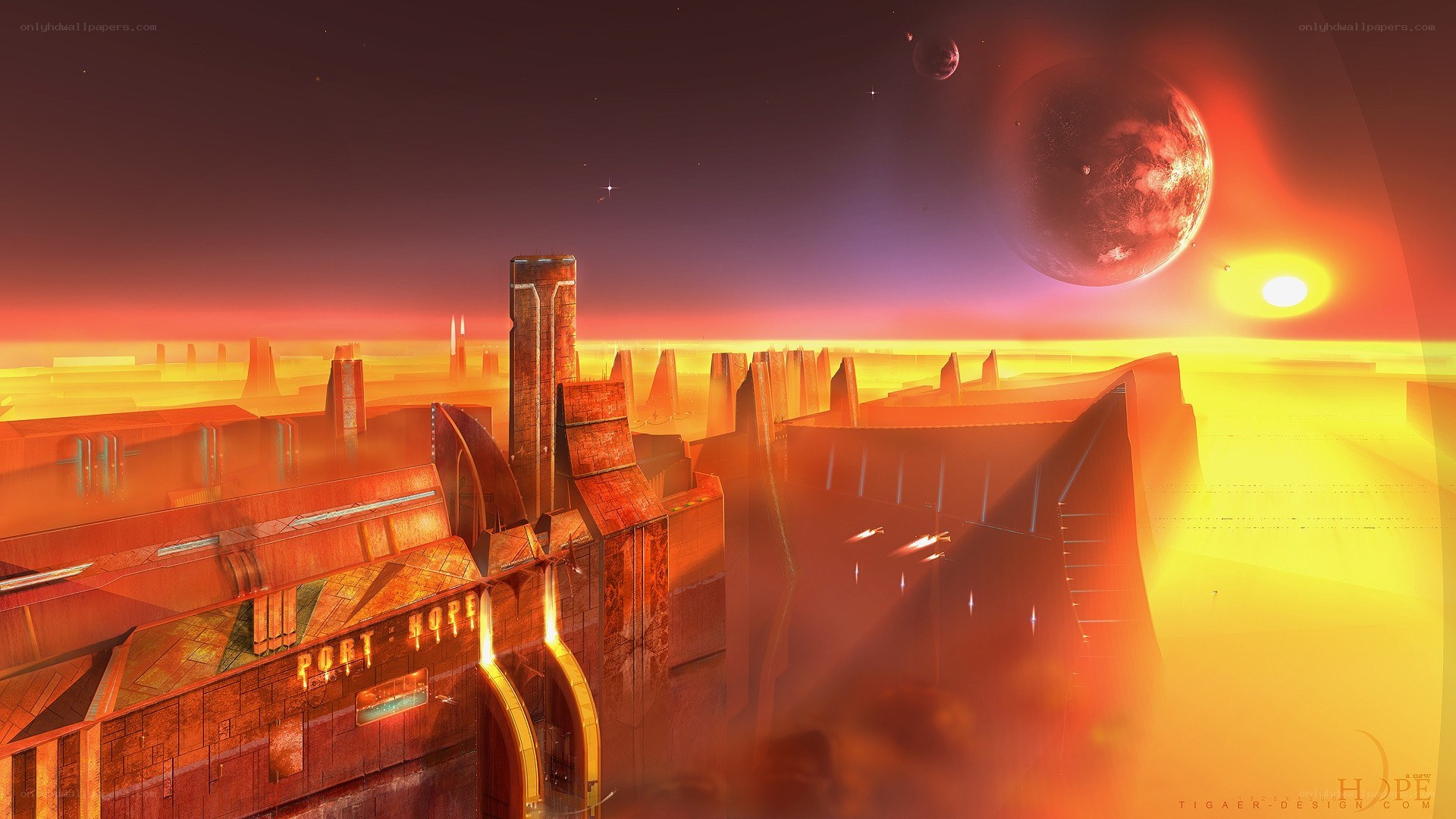 futuristic city at sunset