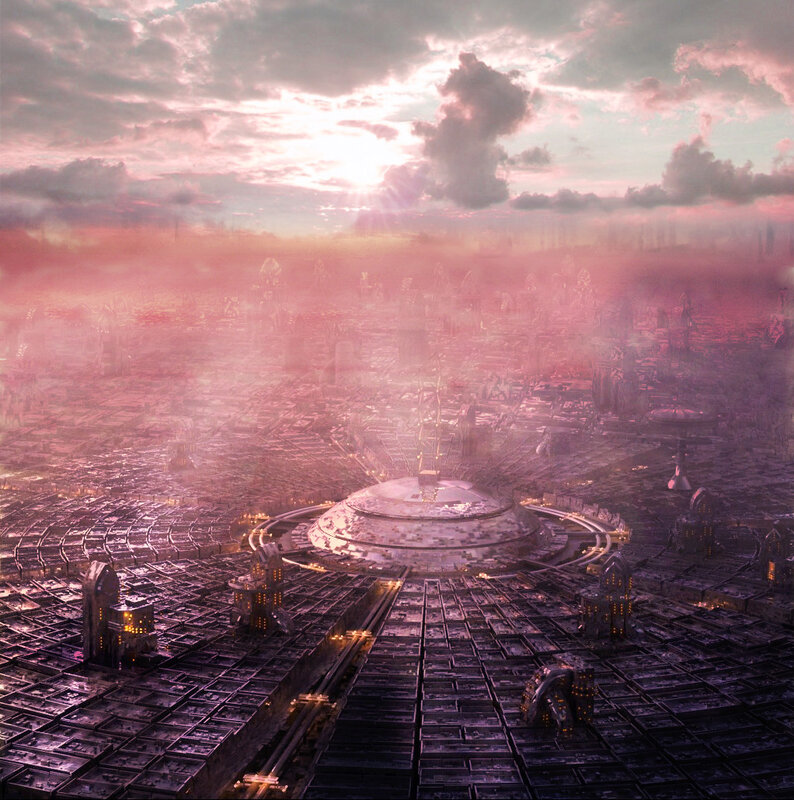 futuristic city at sunset