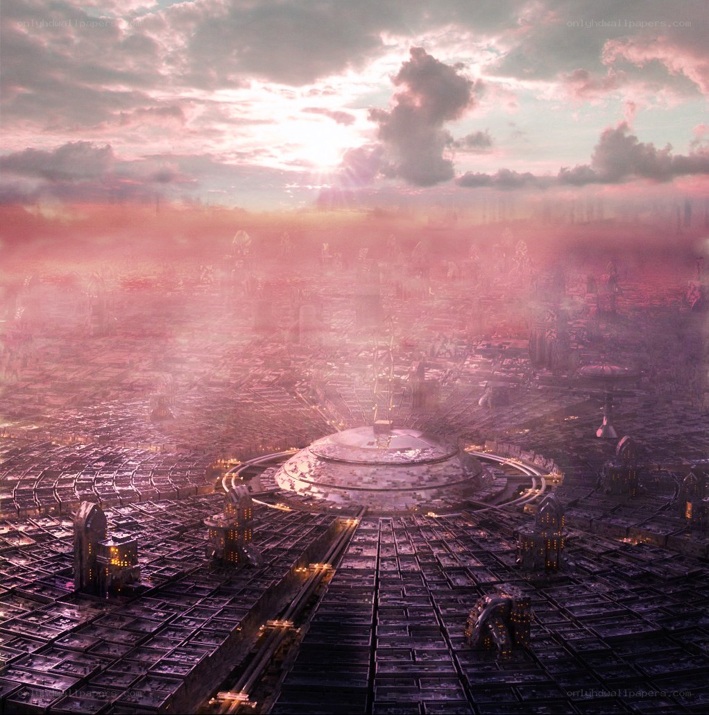 futuristic city at sunset