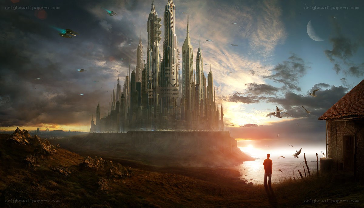 futuristic city at sunset