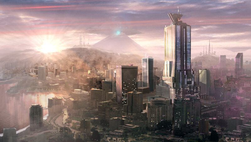 futuristic city at sunset
