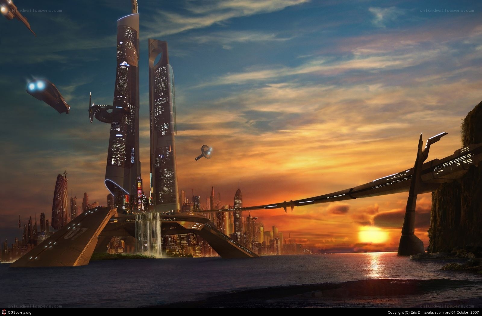 futuristic city at sunset