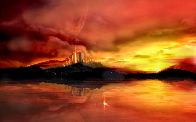 futuristic city at sunset