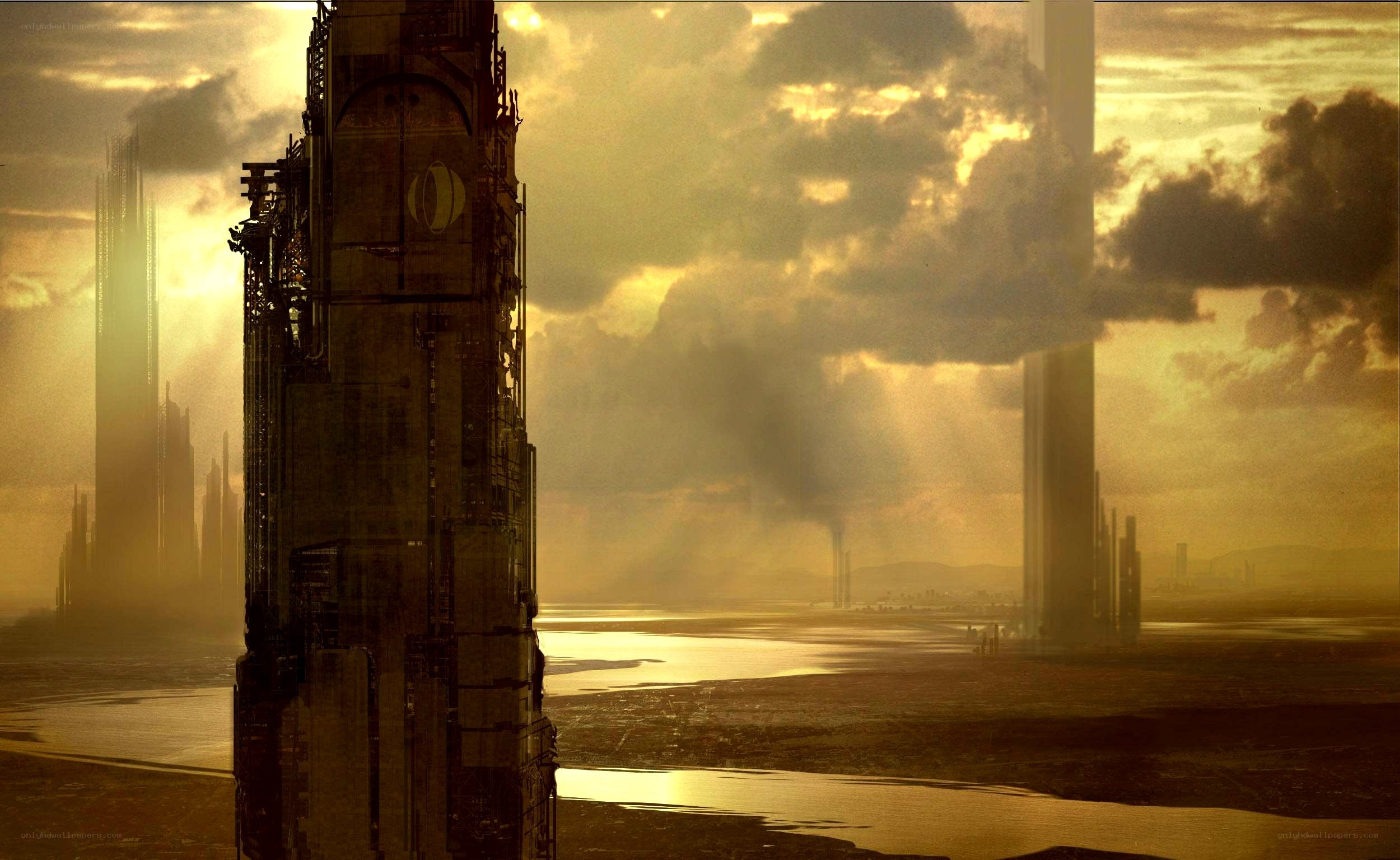 futuristic city at sunset