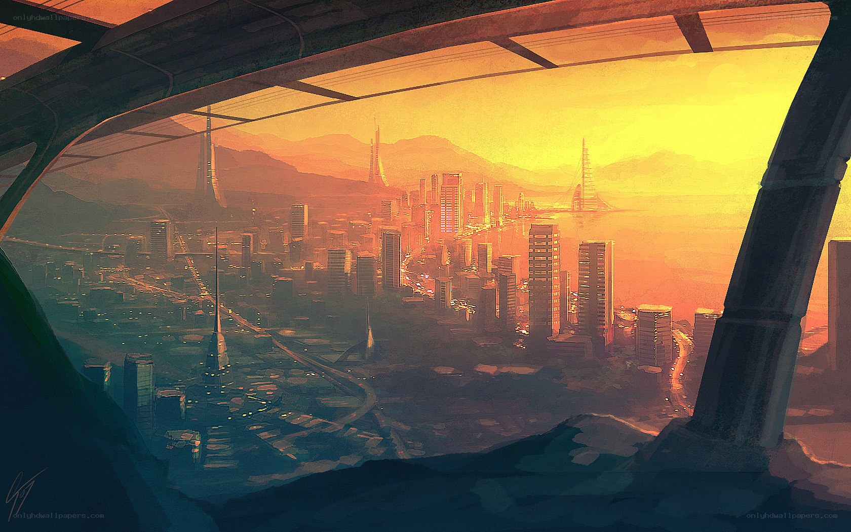 futuristic city at sunset