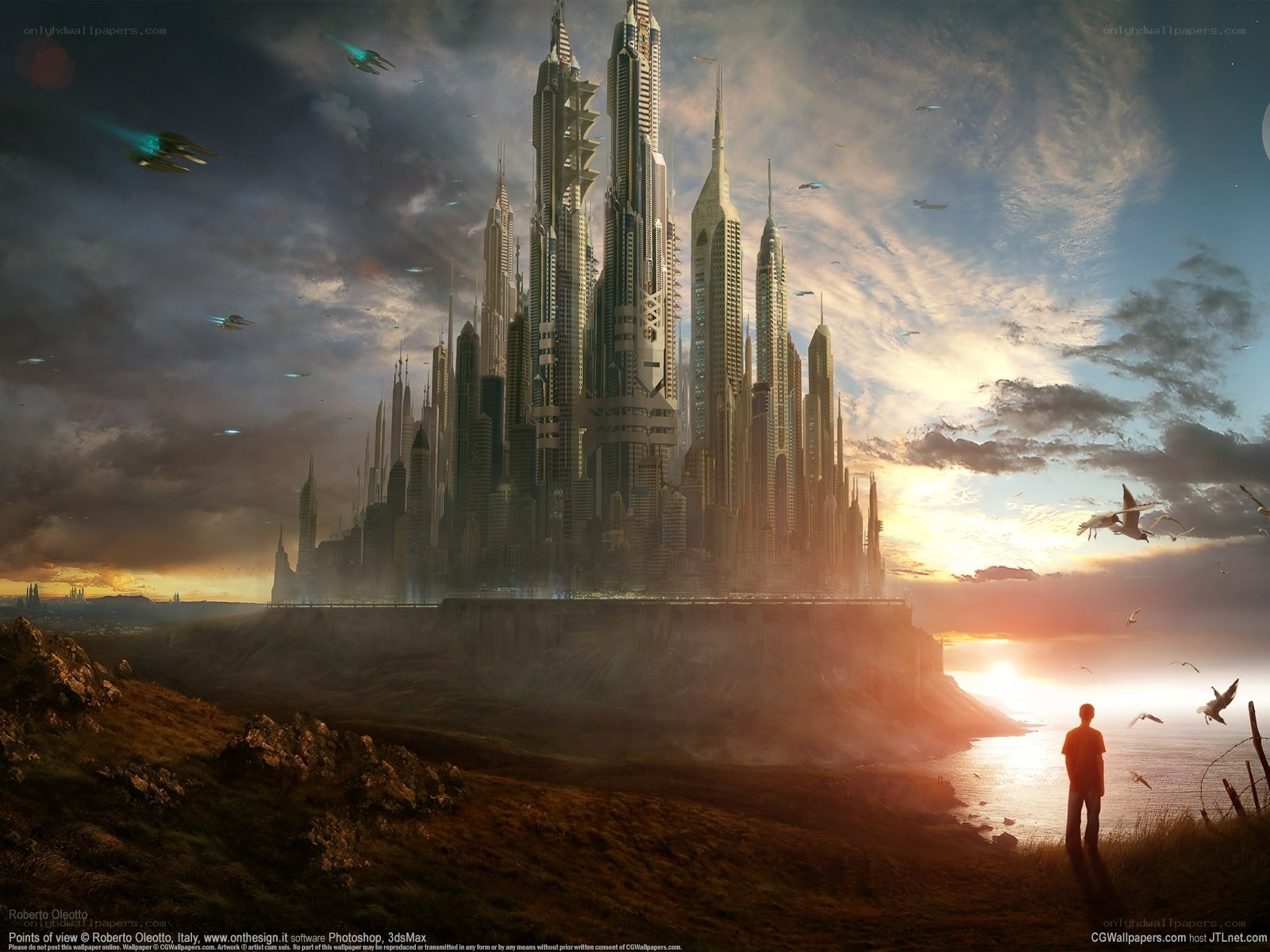 futuristic city at sunset