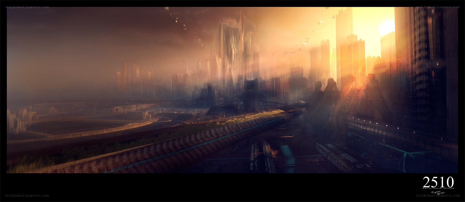 futuristic city at sunset
