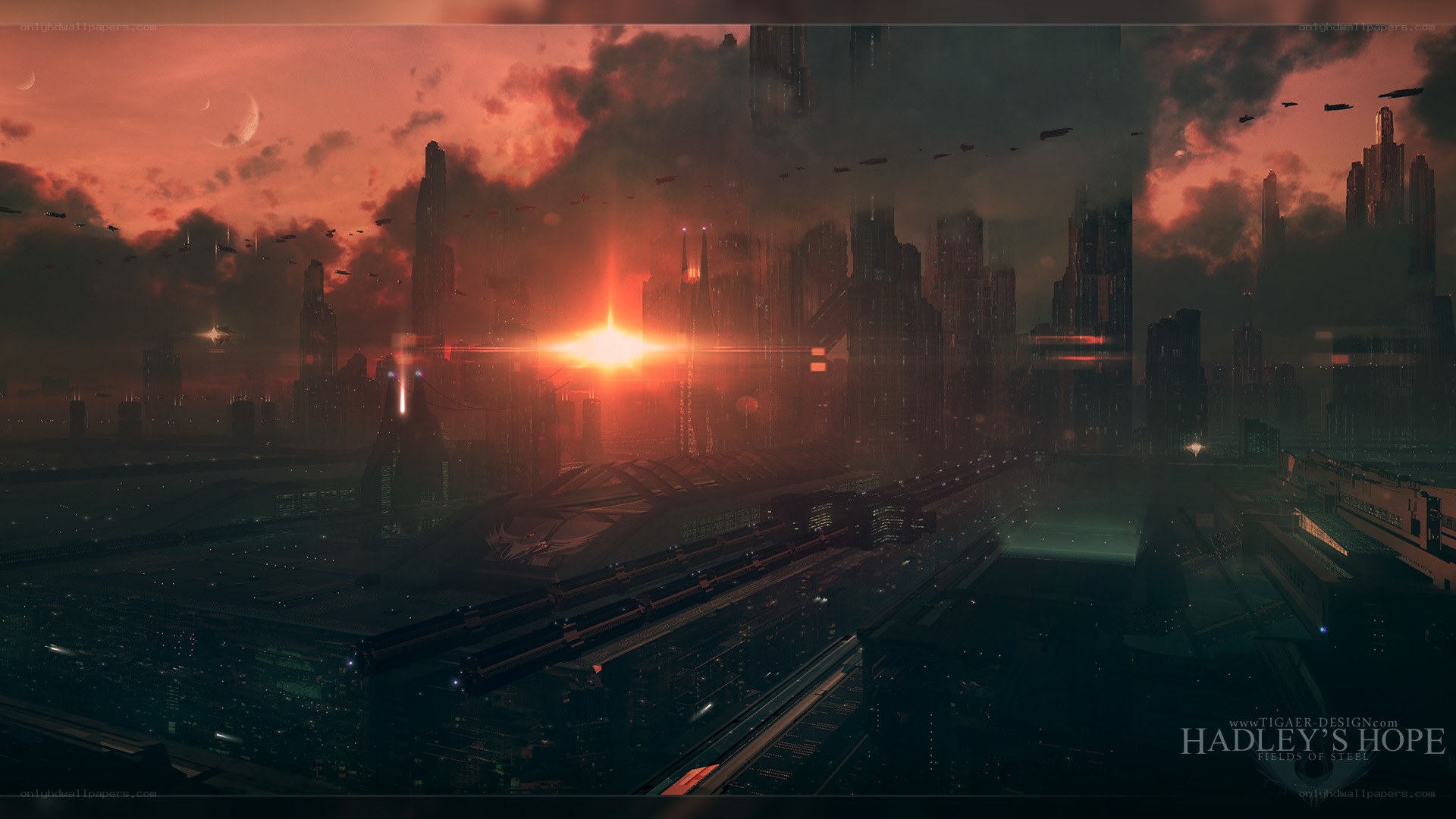 Futuristic city at sunset
