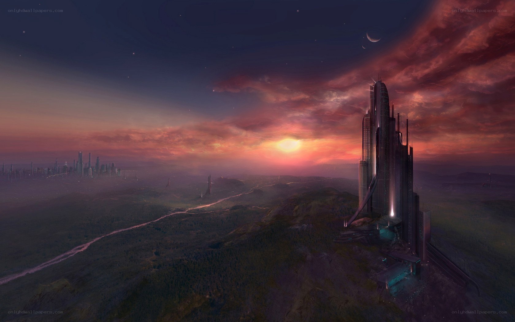 futuristic city at sunset