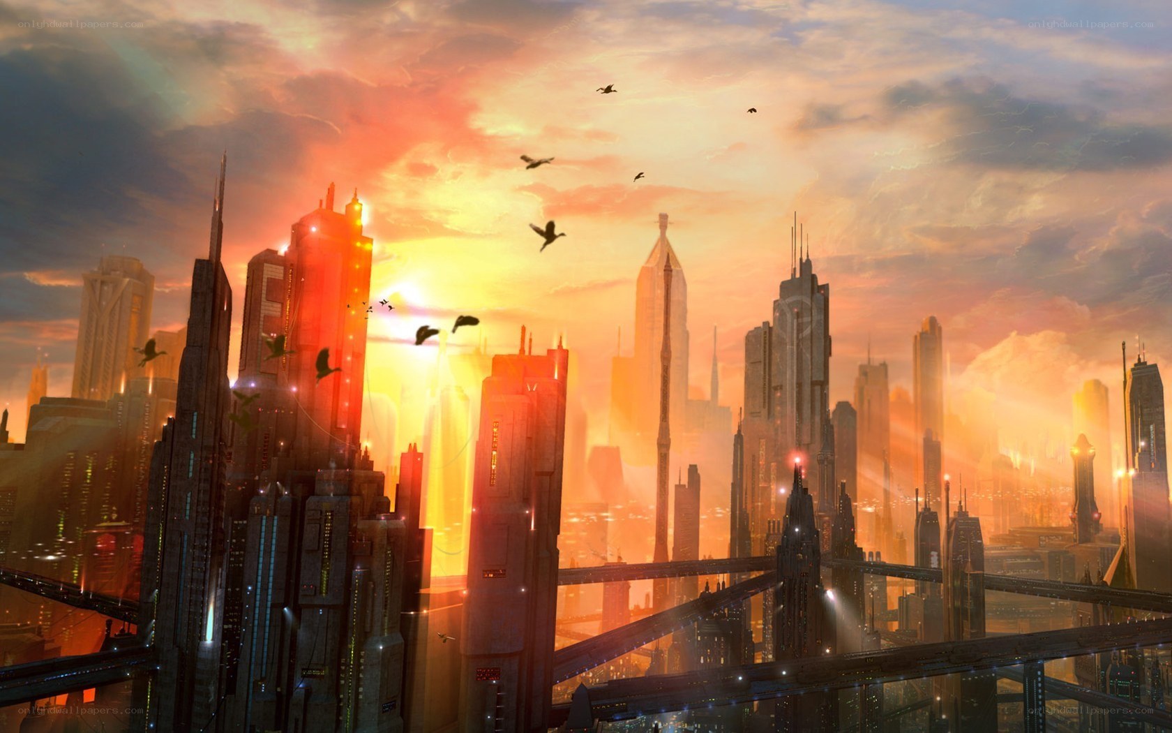 futuristic city at sunset