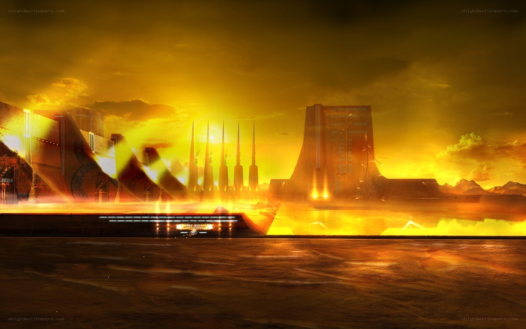 futuristic city at sunset