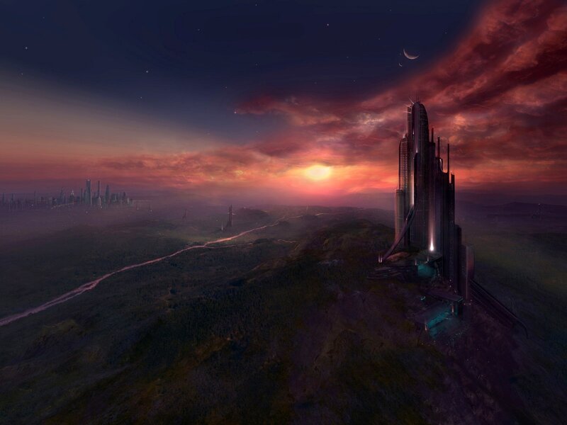 futuristic city at sunset