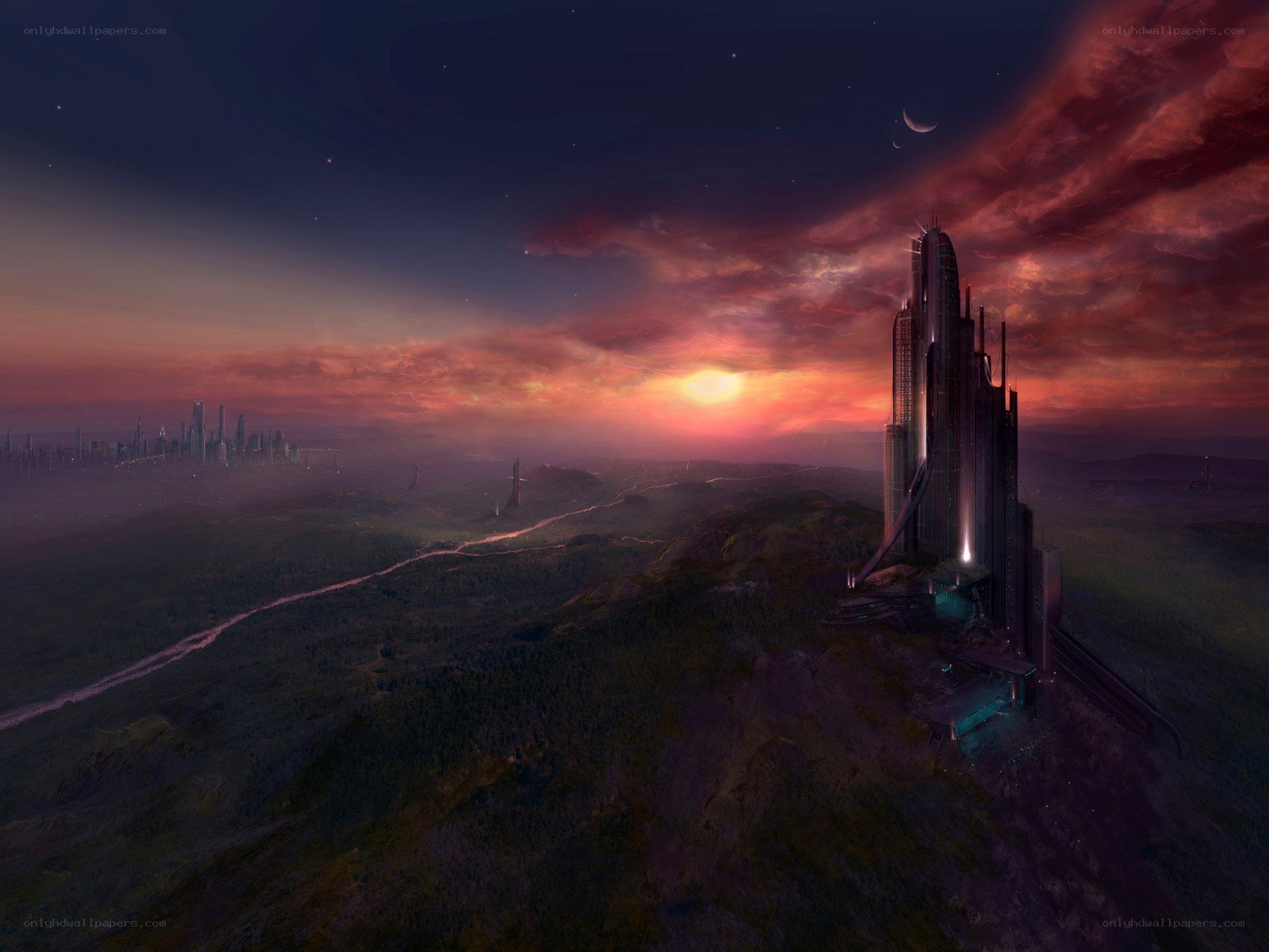 futuristic city at sunset